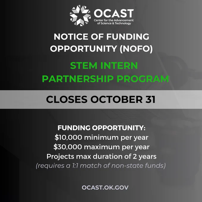 🚨 Only 3 days remain to apply for the OCAST STEM Intern Partnership. 

Deadline is Oct 31 at 11:59 pm CST. Connect talented STEM students with Oklahoma businesses. 

Apply now! https://loom.ly/wftY1FM