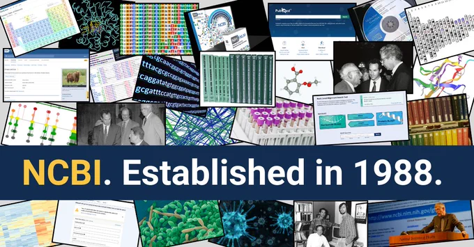 Many layered scientific pictures in the background. Text says: NCBI. Established in 1988. 