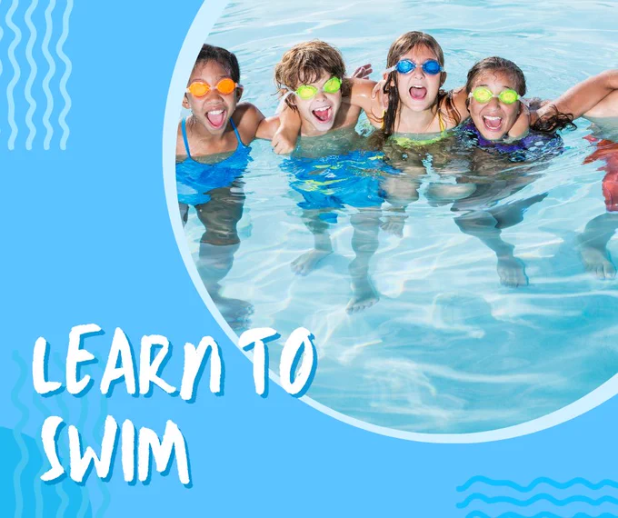 Learn to Swim in text with a photo of kids in the pool