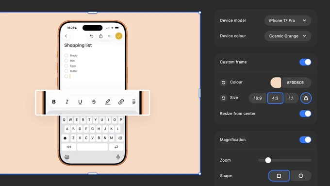 Screenshot of device.fit, showing a screenshot in an iPhone with a background added.