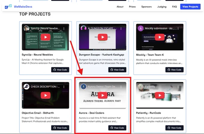 Aurora AI listed under Top Projects of FutureStack GenAI Hackathon on WeMakeDevs Platform.