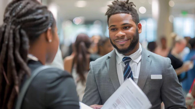 A man and a woman speak with each other at a job fair 