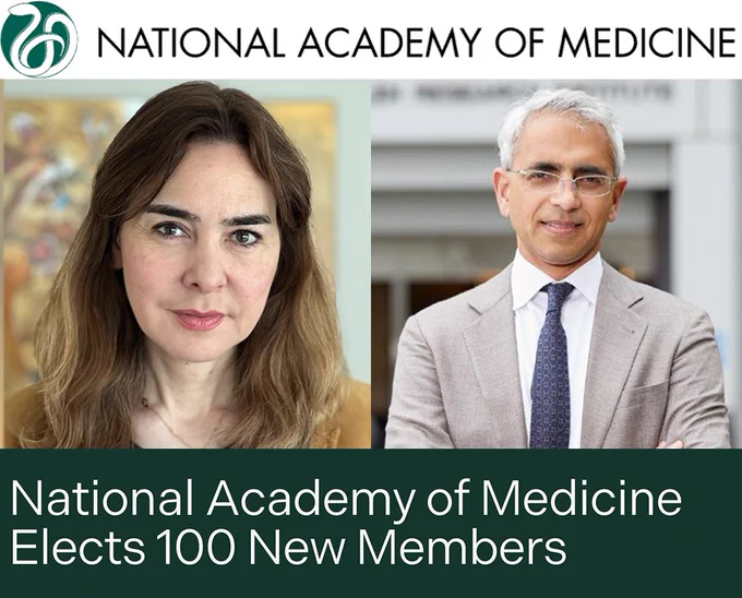 Graphic with the National Academy of Medicine logo on top of two photos of Dina Katabi (left) and Ravi Thadhani (right). Along the bottom is a headline that reads "National Academy of Medicine Elects 100 New Members"