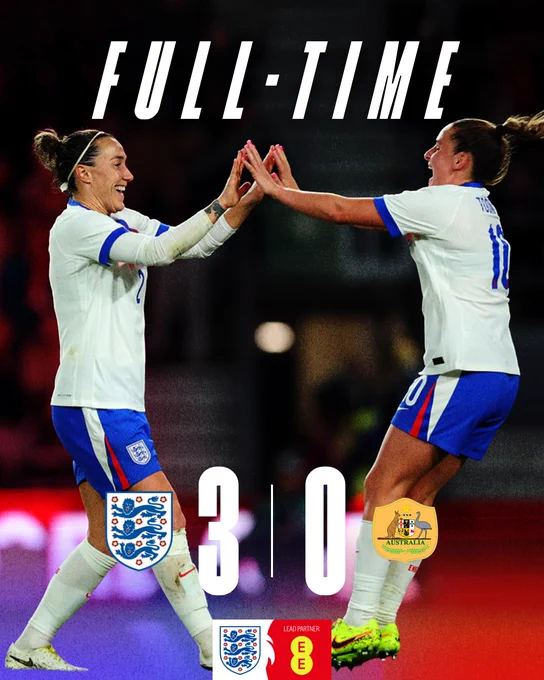 Full-time graphic: England 3-0 Australia with photo of Bronze and Toone celebrating. 