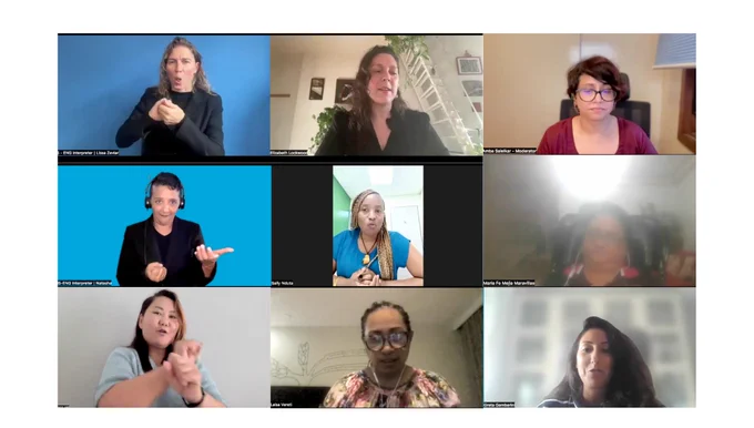 Collage of speakers, moderator and Sign Language Interpreters