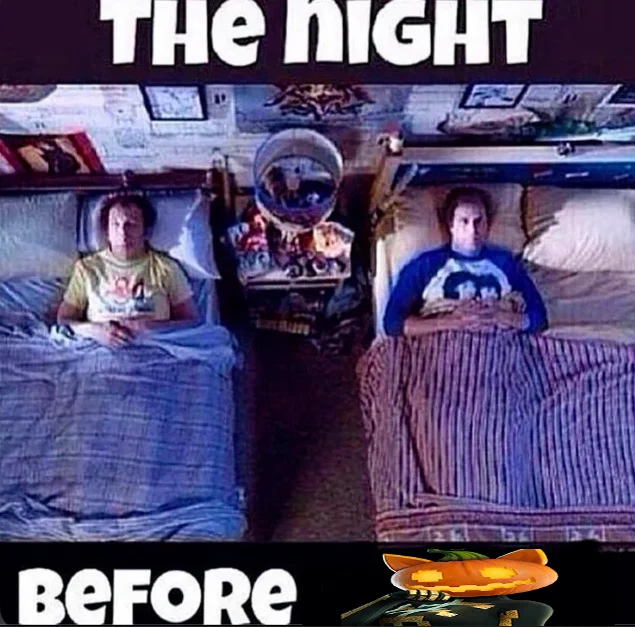 "THE NIGHT"
"BEFORE" followed by an  image of Spice, the Pumpkin Cat lady from Fortnite
The image between the captions depicts two people lying in separate beds, unable to sleep