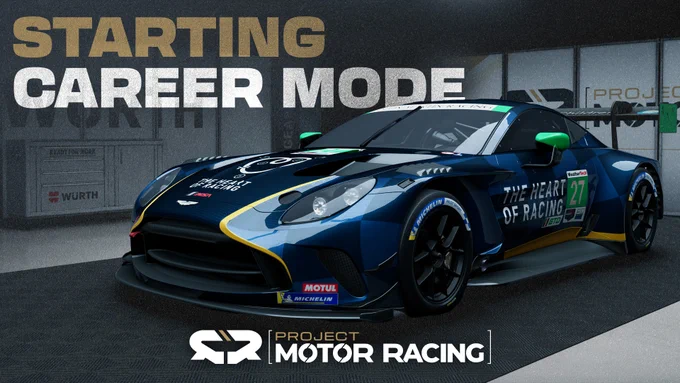 Aston Martin Vantage GT3 EVO in a garage as rendered in the sim Project Motor Racing. Title reads; Starting Career Mode.