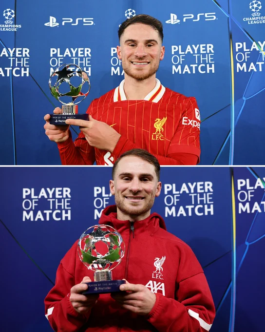 Photography of Alexis Mac Allister winning the UEFA CHampions League Player of the Match awards against Real Madrid in 2024 and 2025.