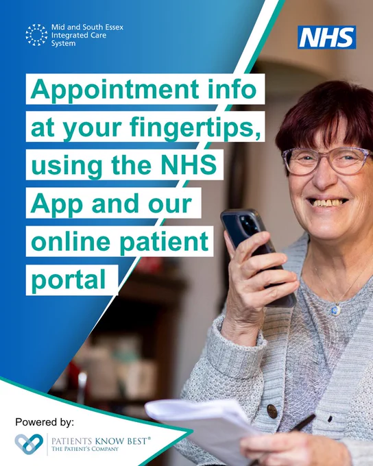 A person holding a mobile phone, accompanied by text that reads: ‘Appointment info at your fingertips, using the NHS App and our online portal’