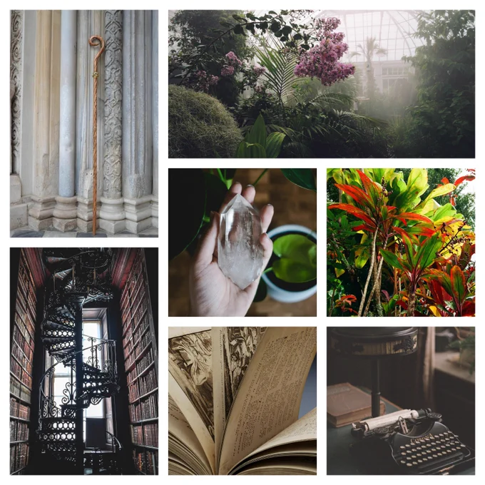 Moodboard. Top left: wooden staff standing against pillar. Top right: misty greenhouse. Middle: crystal in a hand. Middle right: tropical plants. Bottom left: spiral staircase in library. Bottom middle: open book. Bottom right: typewriter on desk.