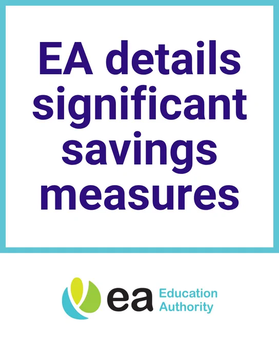 Text stating that the Education Authority outlines major cost-saving initiatives in bold purple letters on a white background.