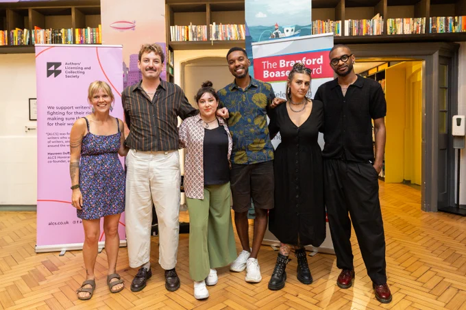 A photograph of the debut authors shortlisted for the 2025 Branford Boase Award, left to right: Ash Bond, James Fox, Margaret McDonald, Ashley Thorpe, Amie Jordan, Ashley Hickson-Lovence