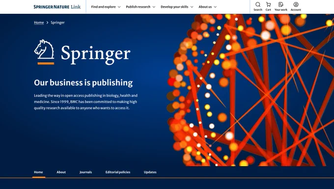 Springer Nature Link webpage. Includes links to 'Find and explore', 'Publish research', 'Develop your skills', and 'About us'. 