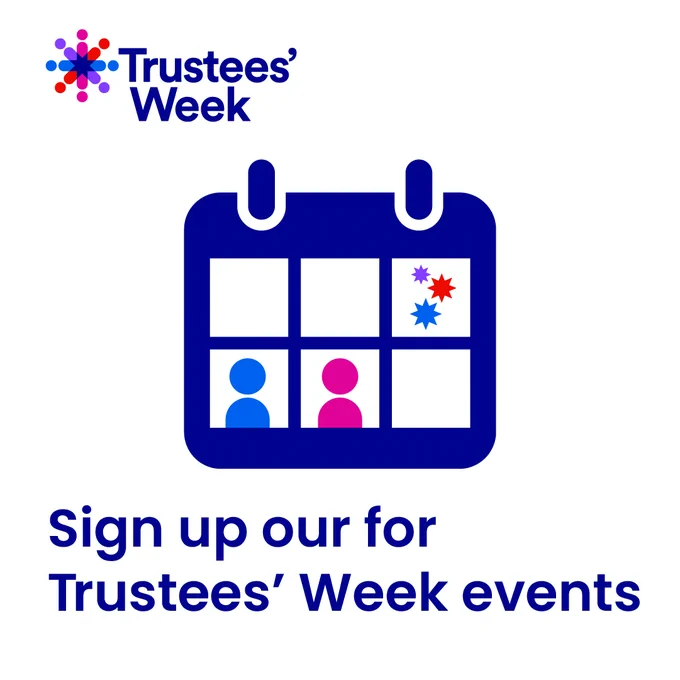 Calendar icon with colourful stars and figures promoting sign-up for Trustees' Week events.