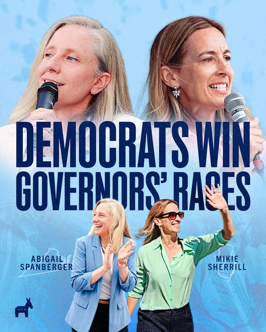 Graphic featuring Abigail Spanberger and Mikie Sherrill celebrating Democratic wins in governors' races, with images of them speaking and interacting with crowds, set against a blue backdrop with text "Democrats Win Governors' Races."