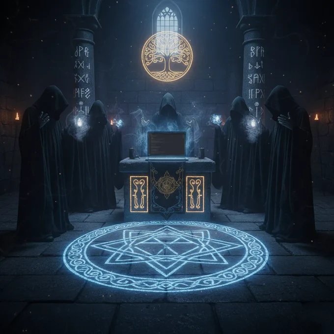 A mystical ritual scene where five robed figures stand around an altar. On the altar, instead of a book, there is an open MacBook displaying a Visual Studio-like integrated development environment (IDE). A glowing blue star-like symbol is on the floor, and a golden "tree of life" symbol is above a window in the background. The scene is dimly lit with blue and gold magical light effects and ancient runes on the pillars.