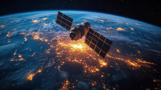 Satellite in the foreground with Earth at night, lit up and connected, in the background. (Adobe stock photo)