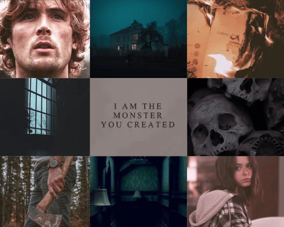 A 9x9 grid showing a moodboard for the WIP, Monster House.
Top left to right: A closeup of a male with blonde curly hair. A haunted house. A book burning.
Middle left to right: A window. A quote that reads: “I am the monster you created.” Skulls.
Bottom left to right: A man holding an axe. A hallway. A woman with brown wavy hair. 

All pictures from Pinterest.