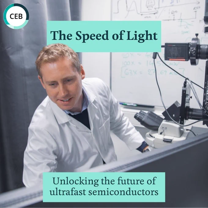 A researcher in a lab coat works with high-tech equipment, with text overlay: "The Speed of Light" and "Unlocking the future of ultrafast semiconductors."