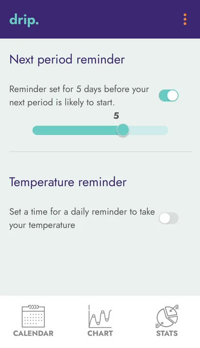 Screenshot for drip's new custom Next period reminder. It is here set to 5 on a slider between 1 to 7 days. The feature has text: Next period reminder
Reminder set for 5 days before your next period is likely to start.
Below is the temperature reminder, currently turned off.