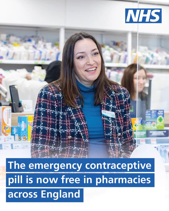 Image of a pharmacist smiling at a pharmacy counter. Text on image reads: The emergency contraceptive pill is now free in pharmacies across England. The NHS logo is in the top right corner.