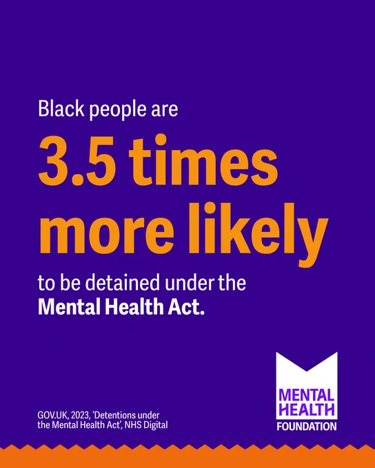 Text on a purple background states: "Black people are 3.5 times more likely to be detained under the Mental Health Act." At the bottom, it credits "GOV.UK, 2023, 'Detentions under the Mental Health Act', NHS Digital" and features the Mental Health Foundation logo.