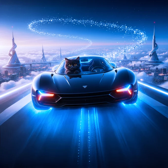 Black cat pilot in a sleek cyber-car turning into sunset-lit mega-city skyline, glowing blue trails swirling through clouds, futuristic spires in the background.
黒猫パイロットが洗練されたサイバーカーで日没のメガシティスカイラインにターンイン、青い光の軌跡が雲を渦巻き、未来的な尖塔が背景に広がる。



