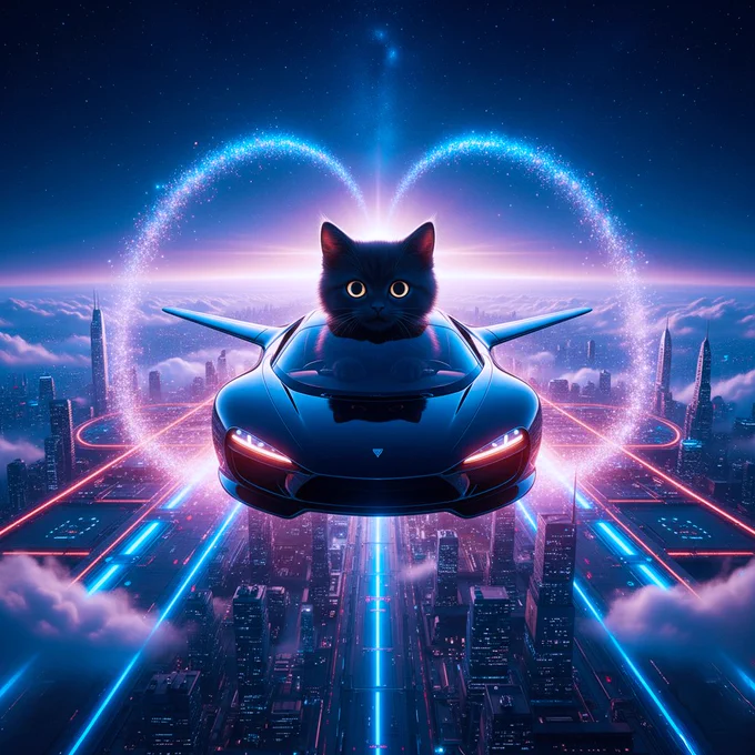 Fluffy black cat driving a neon-glowing sports car on elevated highway at night, starry cosmos above, cyberpunk towers and energy beams piercing the cloudy horizon.
ふわふわの黒猫がネオン輝くスポーツカーを真夜中の高架ハイウェイで駆け抜け、上空に星空の宇宙、サイバーパンクの塔とエネルギービームが雲の地平を貫く。



