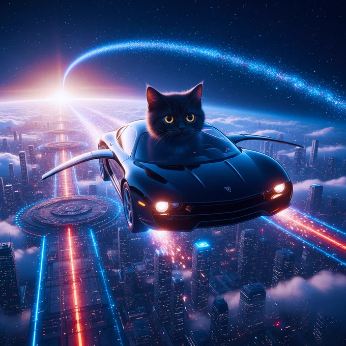 Dynamic black cat pilot accelerating in orange-illuminated cyber-car through dusk clouds, explosive light trails revealing vast mega-city below, wings deploying dramatically.
ダイナミックな黒猫パイロットがオレンジライトのサイバーカーで夕暮れの雲を加速、爆発的な光の軌跡が下の広大なメガシティを露わにし、翼が劇的に展開。


