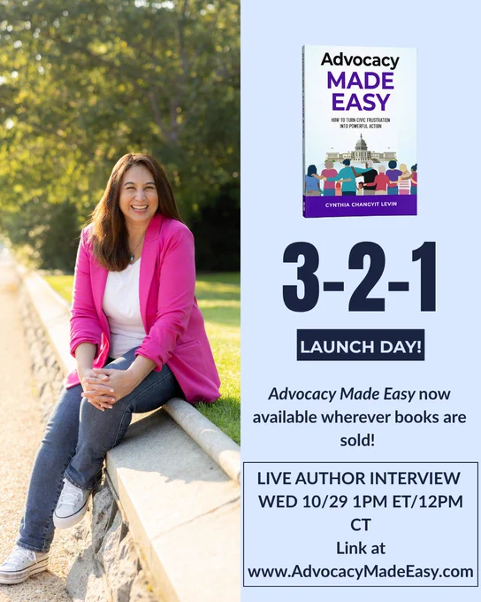 Cynthia wearing a pink jacket and sitting on a ledge. The book cover of "Advocacy Made Easy" is shown with information for a live author interview on Wed 10/29 at 1PM ET/12 PM CT at www.AdvocacyMadeEasy.com
