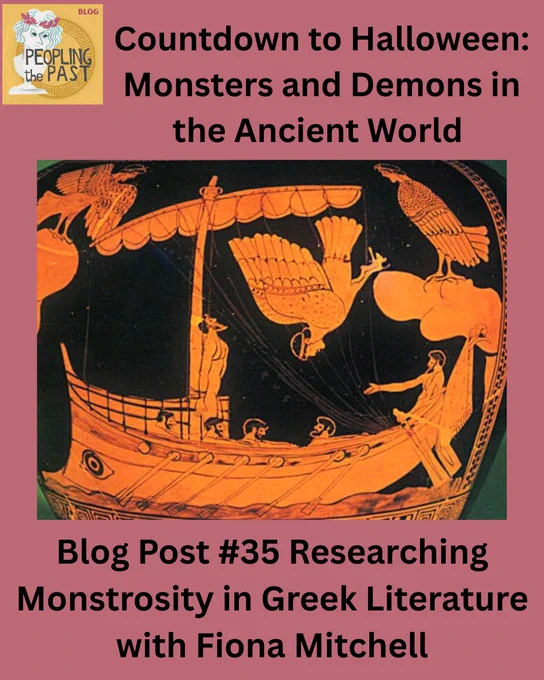 Graphic featuring the Peopling the Past blog logo, the full title of blog post 35, and an image from a Greek vase painting showing a winged monster diving towards a ship filled with sailors. 