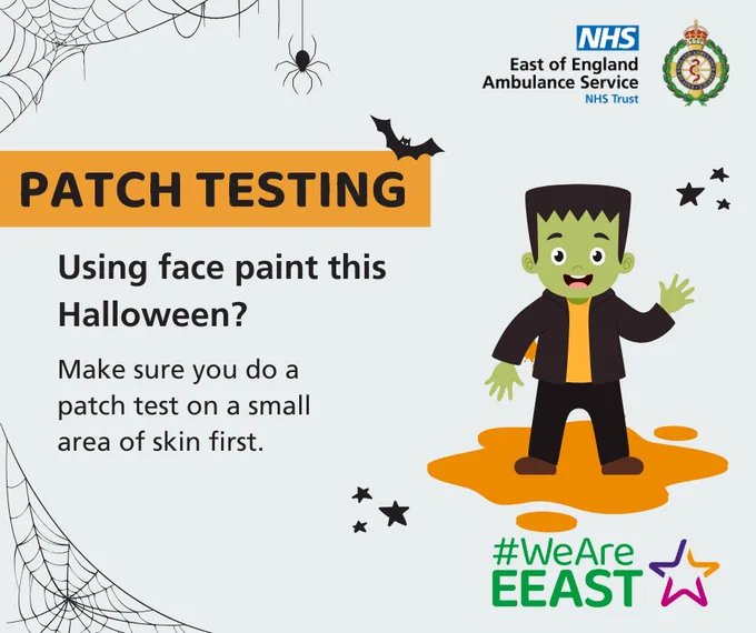 A graphic with a cartoon Frankenstein's monster with the text 'PATCH TESTING, Using face paint this Halloween? Make sure you do a patch test on a small area of skin first.'