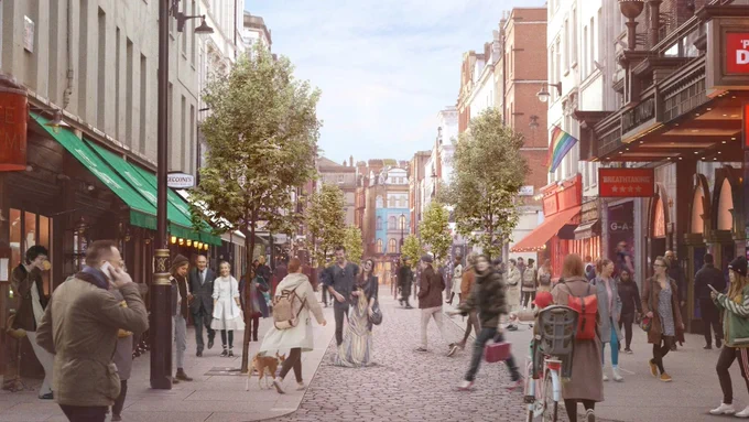 Visualisation by Doodle Architects of a traffic free street in Soho, with people walking on a cobbled road or wide pavement, trees lining the road, colourful awnings over shopfronts