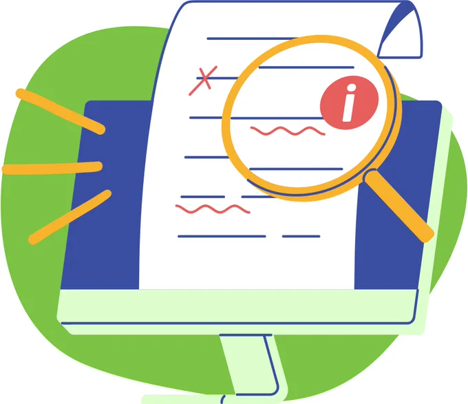 Illustration: A printed page, marked up with review comments, pops out of a computer screen.