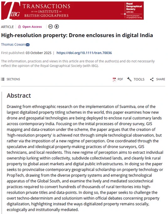 Title and abstract for 'High-resolution property: Drone enclosures in digital India' by Thomas Cowan in Transactions of the Institute of British Geographers.