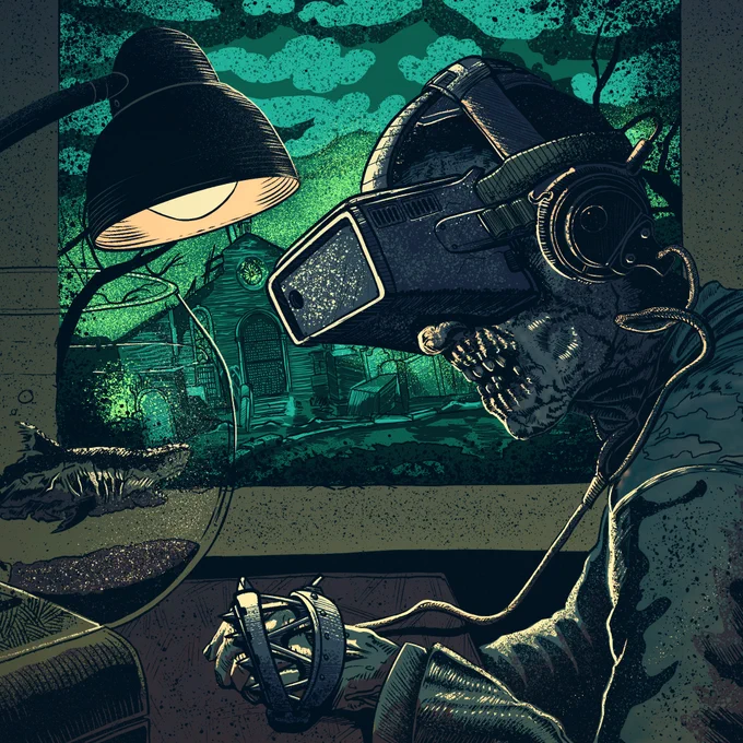 A zombie sat in the classic lofi pose listening to music