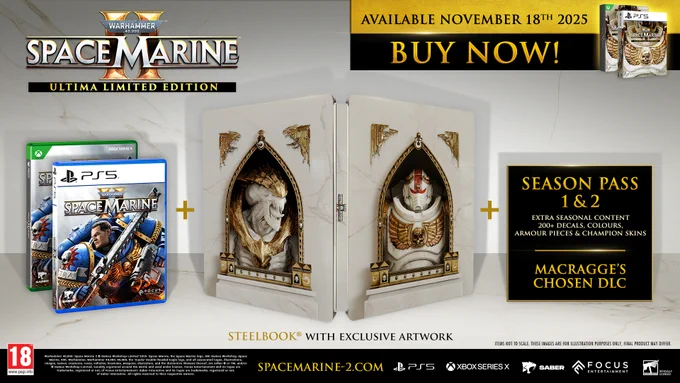 Promotional image for Warhammer 40,000: Space Marine II Ultima Limited Edition, featuring a steelbook, game editions, and bonus content details.