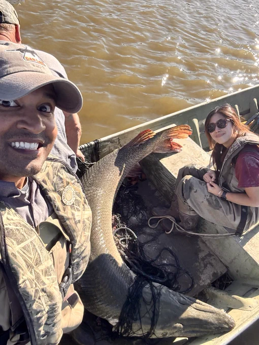 Fish scientists in a boat with a giant Alligator Gar.