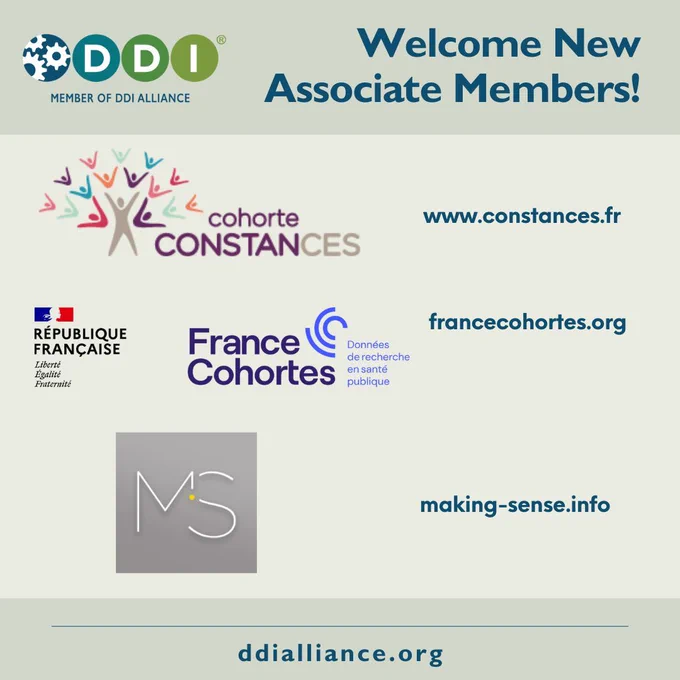 Logo: DDI-Member of DDI Alliance. Text: Welcome New Associate Members! Logos: CONSTANCES Cohort www.constances.fr, France Cohortes/FReSH francecohortes.org, Making Sense making-sense.info. ddialliance.org