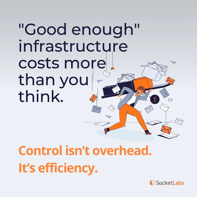 Illustration of an overwhelmed person carrying a heavy load of envelopes as more mail falls around them. Text reads: “Good enough infrastructure costs more than you think. Control isn’t overhead. It’s efficiency.”