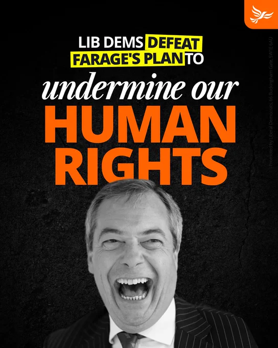 Graphic showing a laughing Nigel Farage - above are the words Lib Dems defeat Farage's plan to undermine our Human Rights