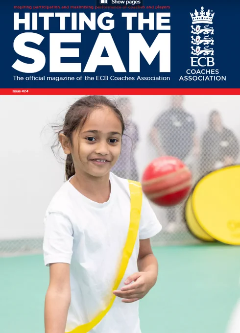 Cover of 'Hitting the Seam', issue #24, featuring a child smiling and tossing a cricket ball, with ECB Coaches Association logos at the top.