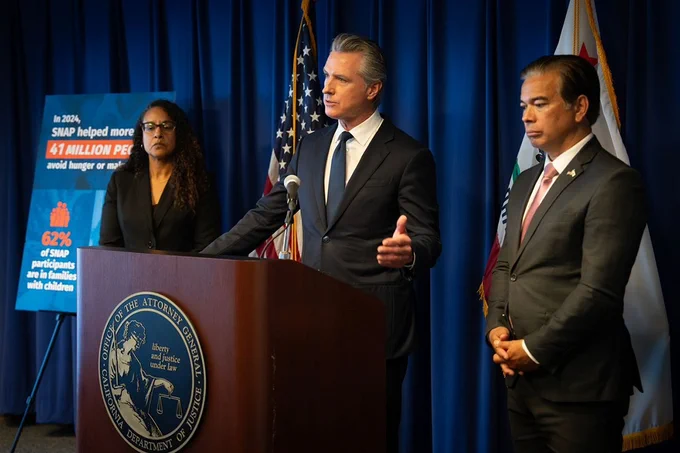 CalHHS Secretary Kim Johnson with Governor Gavin Newsom and Attorney General Rob Bonta.