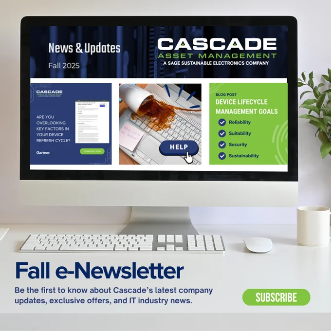 Photo of a Laptop featuring stories from Cascade Asset Management's Fall E-newsletter: Complimentary Gartner Report, IT Asset Rescue Service, & Blog Post on Device Lifecycle Management