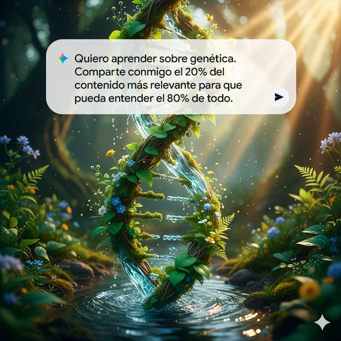 Captura de pantalla que muestra una consulta a Geminil. El texto dice: "Quiero aprender sobre genética. Comparte conmigo el 20% del contenido más relevante para que pueda entender el 80% de todo". El fondo es una ilustración fantástica de una hebra de ADN formada por enredaderas con flores y agua, en medio de un bosque frondoso.