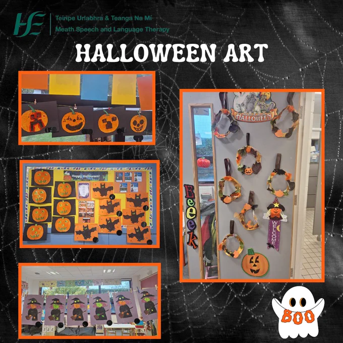 Title: Halloween Art
Background: Black with silver cobwebs
Content: 4 pictures of artwork in orange boxes
Picture 1 pumpkins
Picture 2 pumpkins and bats
Picture 3 witches
Picture 4 door decorated with black and orange