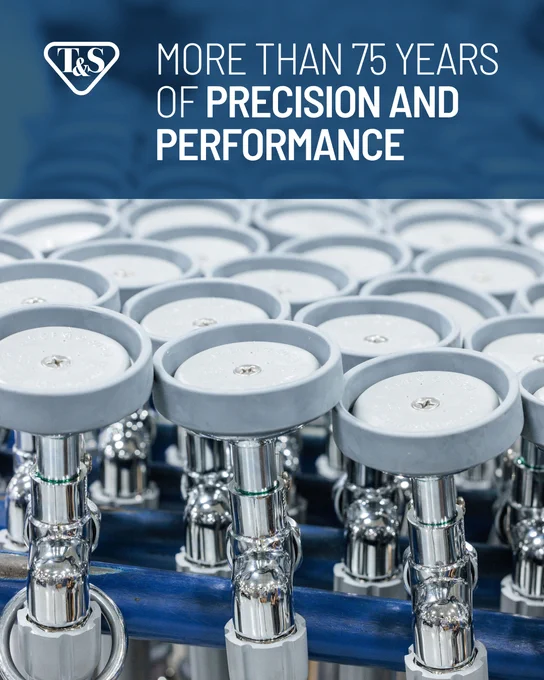 Promotional image for T&S featuring a neat array of commercial faucets with a background text overlay that says 'More than 75 years of Precision and Performance.'