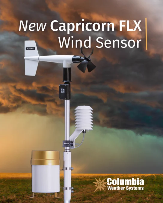 New wind sensor for modular Capricorn FLX™ Weather Station. Image with dark storm clouds in agricultural setting.