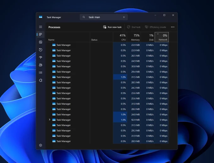 Screenshot showing several Task Manager instances due to the issue