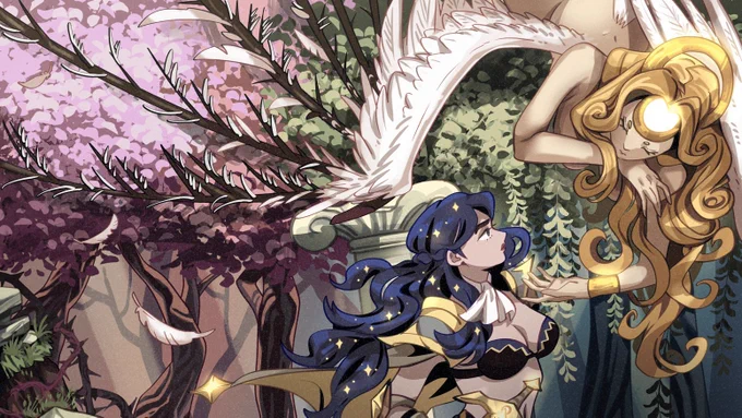 Picture shows a cover of the Kickstarter project Knight in the woods. It features the two leads, a Knight and a fallen angel. The knight is awestruck by the beauty of the angel. The angel is hanging on a tree. The end of her wings are molting into demon wings.
